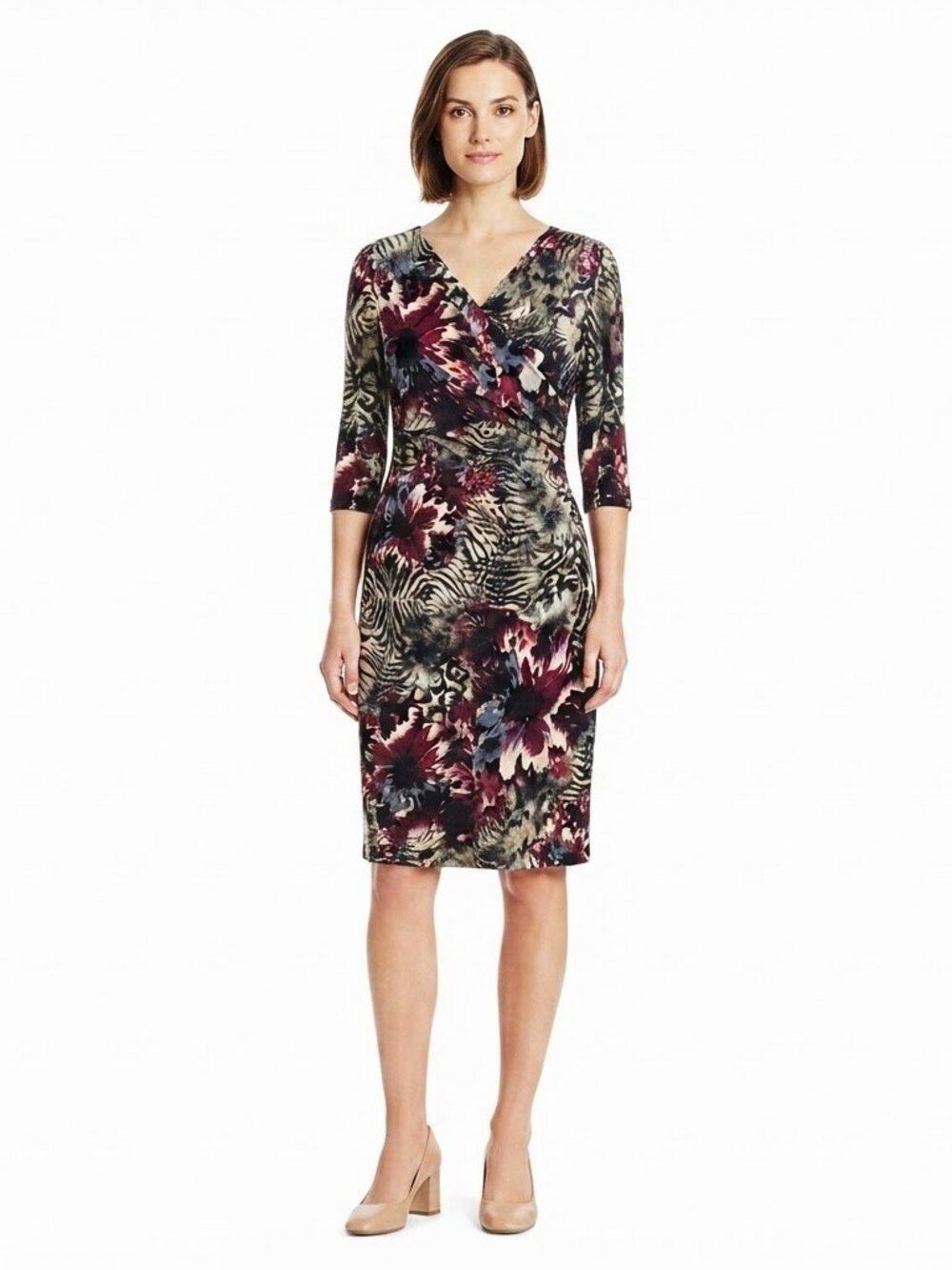 Connected Apparel Drape Neck Pull On Abstract Floral Office Dress- Sz. 6